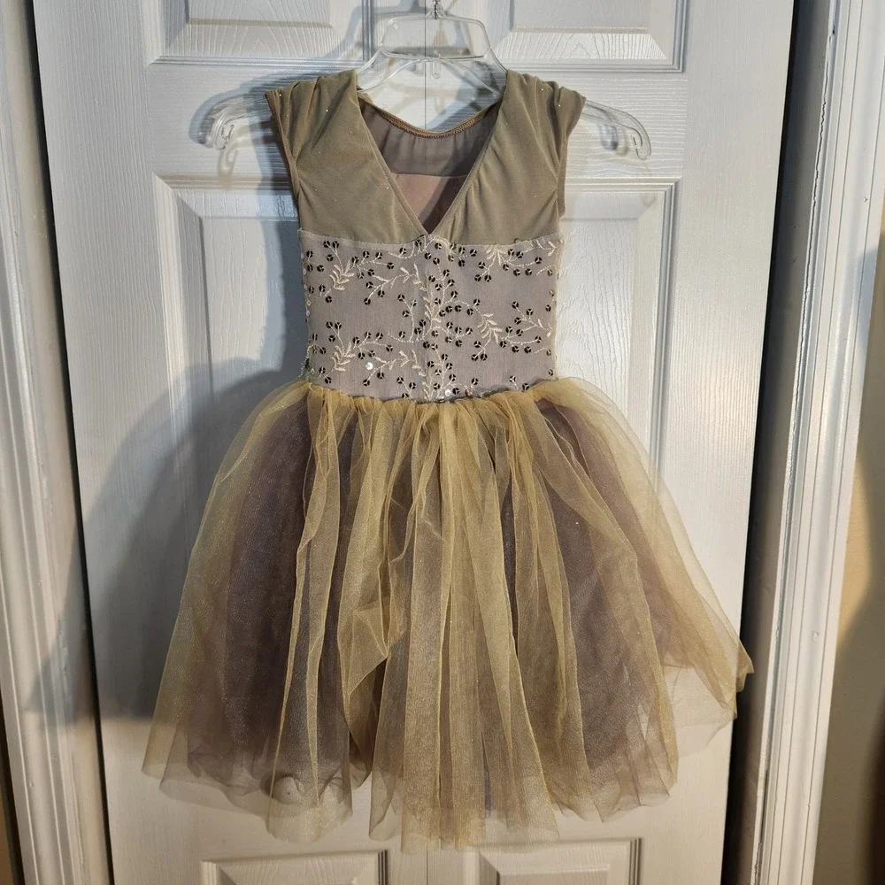 Weissman Kids IC 7-8 Mauve Gold Sequin Floral Tulle Dance Costume Leotard 12413